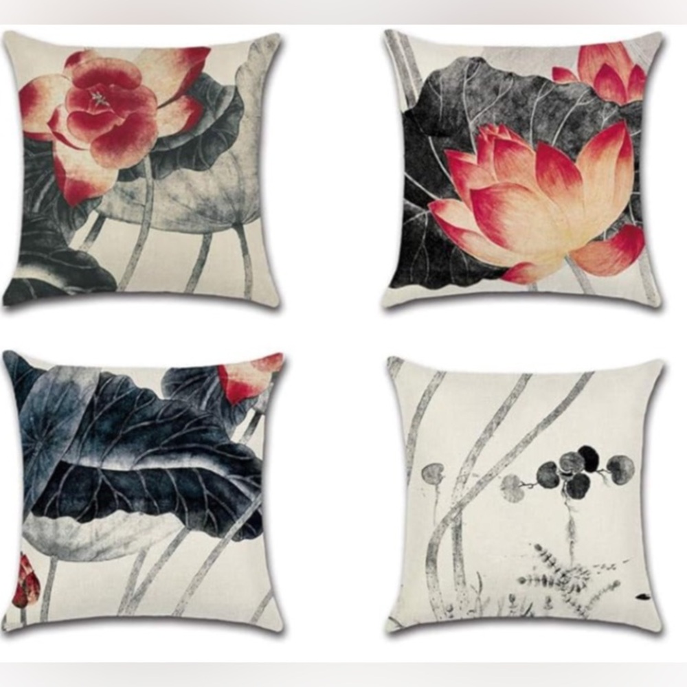 Set of 4 Square 17" Cushion / Pillow Covers. Vibrant Red Floral Design.